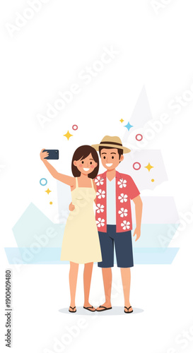 Couple Taking Vacation Selfie In Front Of A Cruise Ship