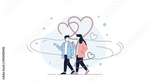 Couple Walking Hand In Hand Amidst Flowing Heart Symbols