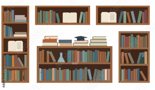 Education Library Bookcase Bookshelf Vector Illustration Set