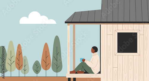 Cozy Cabin Retreat Person Enjoying Peaceful Morning Nature View