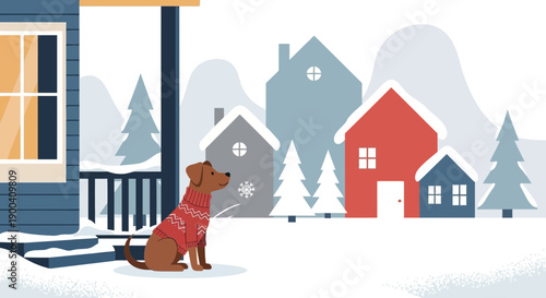 Cozy Canine In Winter Sweater On A Snow Covered Porch