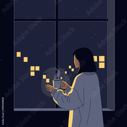 Cozy Evening Reflection Holding Warm Drink Gazing At City Lights Through Window
