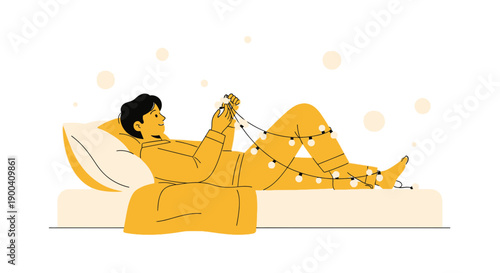Cozy Evening Leisure With Twinkling String Lights In Bed Minimalist Yellow Illustration