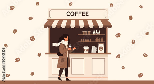 Cozy Coffee Stand Scene With A Woman Enjoying A Warm Beverage