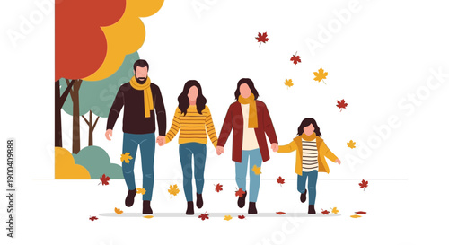 Cozy Family Autumn Walk With Falling Leaves Season