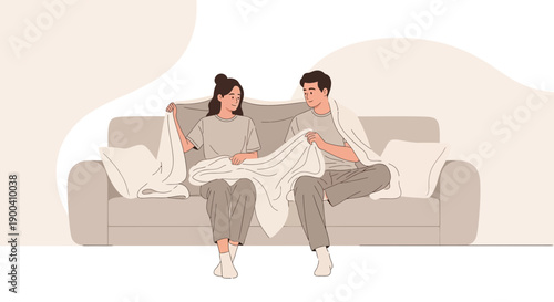 Cozy Couple Sharing Blanket On Sofa Relaxing Together At Home