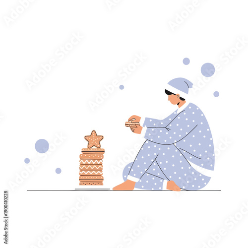Cozy Person In Pajamas Building A Stack Of Star Shaped Cookies