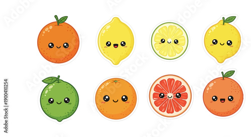 Cute cartoon fruits holding hands, including apple, banana, kiwi, grapes, strawberry, lime, watermelon, and pineapple, on a white background.