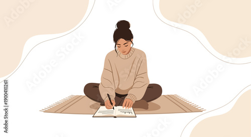 Cozy Person Writing Journaling On Rug Calm Mindset Creative Expression