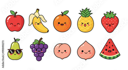 Cute cartoon fruits holding hands, including apple, banana, kiwi, grapes, strawberry, lime, watermelon, and pineapple, on a white background.