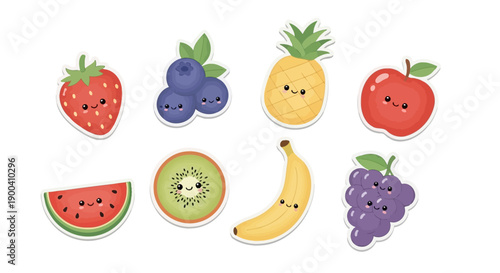 Cute cartoon fruits holding hands, including apple, banana, kiwi, grapes, strawberry, lime, watermelon, and pineapple, on a white background.