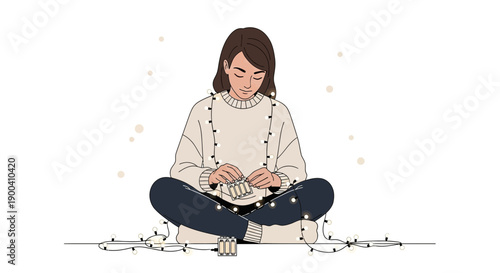 Cozy Winter Evening With Twinkling Fairy Lights And A Young Woman
