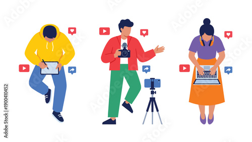 Diverse Digital Content Creators Working Online: Influencers, Bloggers & Vloggers with Social Media Engagement Icons