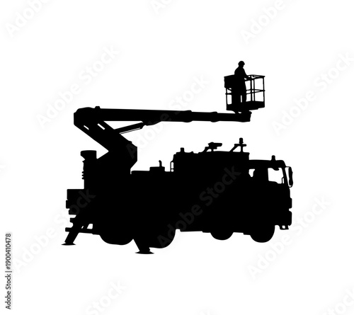 Black and White Vector Silhouette of Cherry Picker Truck with Elevating Platform