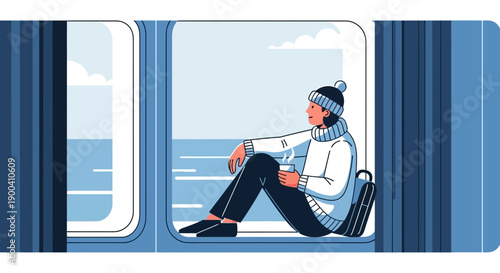 Cozy Winter Train Journey Gazing Out At Serene Snowy Landscape