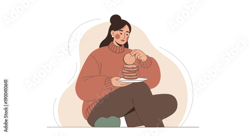 Cozy Woman Enjoying A Stack Of Delicious Cookies Indoors