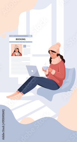 Cozy Woman Booking Travel Online With Laptop And Coffee
