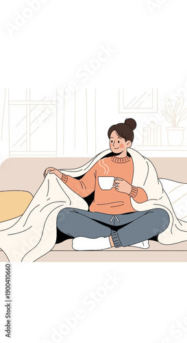 Cozy Woman Enjoying Warm Beverage Under Blanket on Sofa