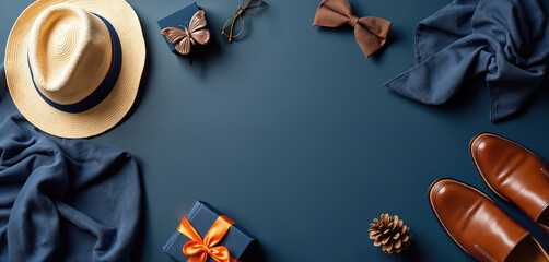 Flat lay of men accessories with straw hat, brown loafers, blue scarf, bowtie, gift box. Father Day concept with elegant style for dad gift idea.