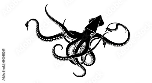 Tableau sur toile Black octopus with tentacles spread wide.