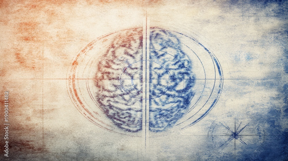 Obraz premium hemisphere. Abstract artistic representation of brain hemispheres with symbolic elements, highlighting creativity and thought. wellbeing guides. 