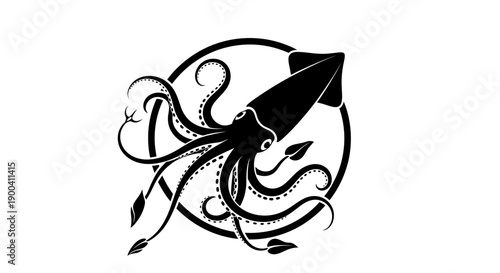Black squid with rocket illustration.