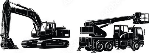 Black and white vector silhouette illustration of a heavy hydraulic excavator and a truck mounted cherry picker aerial work platform.