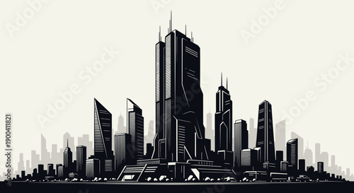 Modern city skyline with skyscrapers.