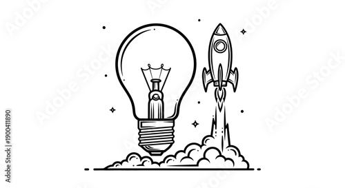 Rocket ship emerging from light bulb.