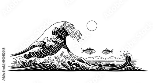 Wave with fish swimming in ocean.