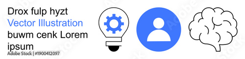 Creativity, innovation, technology, user profiles, brain functionality, problem-solving. Features a brain, user icon and lightbulb with gear. Creativity and innovation concept
