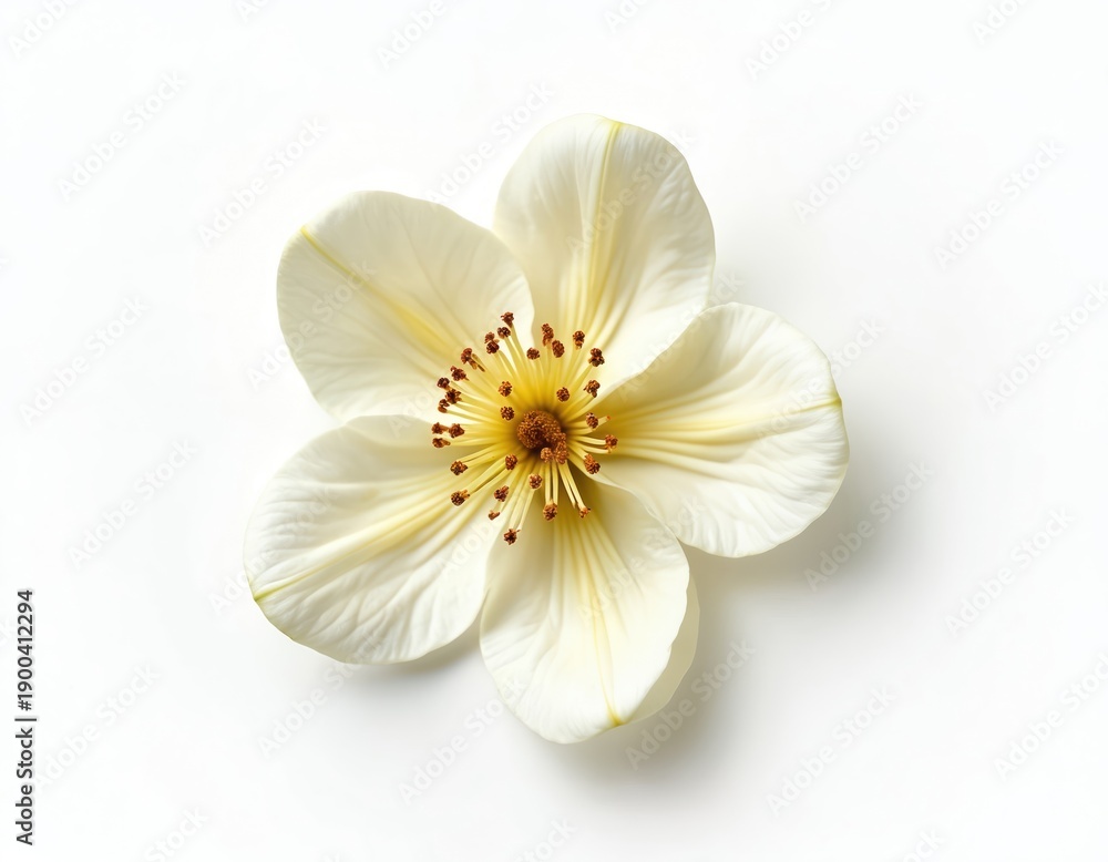 Obraz premium White blooming flower with yellow center and brown stamens. Delicate petals spread open on white background. Isolated blossom with clipping path ideal for beauty and nature themes.