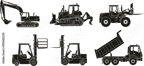 Black Silhouette Set of Construction Heavy Equipment Icons Including Excavator Bulldozer Wheel Loader Forklift and Dump Truck on White Background