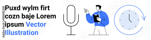 Business communication, time management, productivity tools, digital audio, content creation, modern design. Male figure with a clipboard, microphone icon and clock. Business communication and time