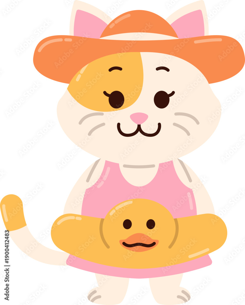Obraz premium Cute Cartoon Cat Mascot Character with Duck Float Toy on Beach