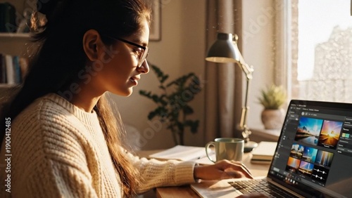 Young Asian woman working on laptop at home office, warm morning sunlight and focused mood, remote work productivity and online learning, International Womens Day