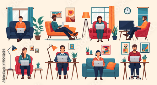 Vector collection of diverse people working remotely from home on laptops in comfortable settings.