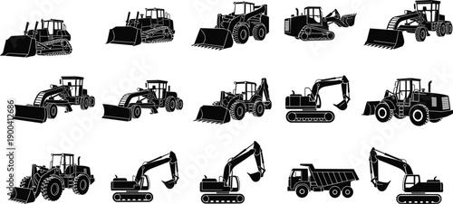 Construction Heavy Machinery Vector Silhouette Icons Set Featuring Excavators Bulldozers Loaders Dump Trucks Graders and Backhoes for Industrial Earthmoving Equipment Design
