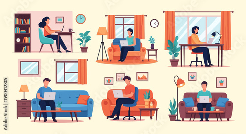 Diverse group of people working remotely on laptops from various home and living room setups.