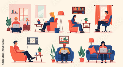 Diverse professionals working remotely from home using laptops in various domestic settings.