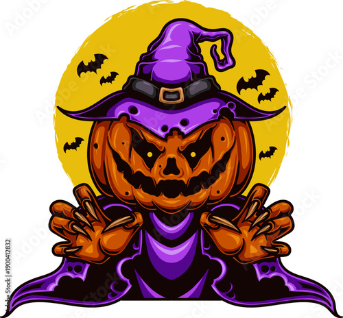 Halloween Scary Pumpkin Jack O Lantern in Witch Costume with Full Moon and Flying Bat Background