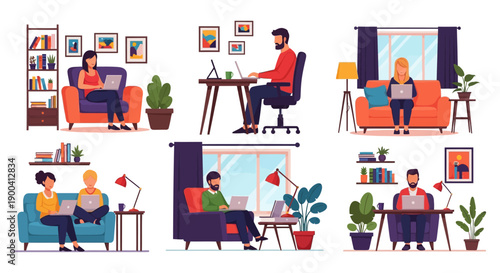 Diverse set of people working remotely from home using laptops in various cozy interior settings.