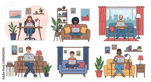 Vector illustration set of diverse professionals telecommuting and working from home.