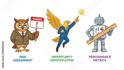 Business Strategy Concepts: Risk Assessment, Opportunity Identification, Performance Metrics Icons