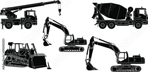 Heavy Construction Machinery Silhouettes Set Including Excavator Crawler Bulldozer Cement Mixer Truck and Mobile Crane Isolated on White Background Vector Illustration