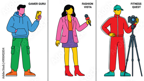 Modern Lifestyle & Digital Professions Vector Set: Gamer, Fashion, Fitness Content Creators