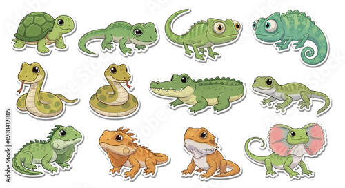 Cute cartoon reptile and amphibian sticker collection featuring turtles, snakes, lizards, and an alligator on a white background.