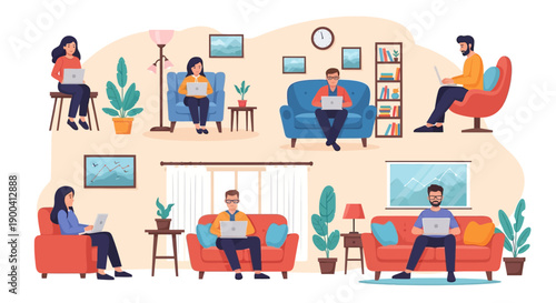 Diverse group of colleagues working remotely from comfortable home environments with laptops.