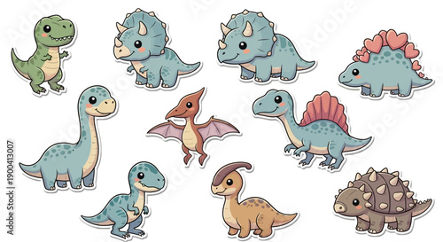 A collection of adorable cartoon baby dinosaurs in various poses and colors, perfect for children's illustrations and playful designs.