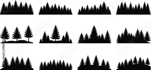 Black pine forest silhouette collection, evergreen tree wood landscape elements, coniferous timberline set for nature outdoors design and mountain wilderness graphics